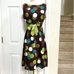 Jessica Howard Brown Multi Polka Dot Retro Mod Style Midi Dress w/belted Ribbon